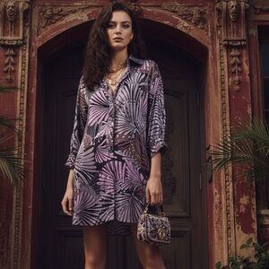 BENETTON purple print dress—cool botanical print silky tunic medium women’s